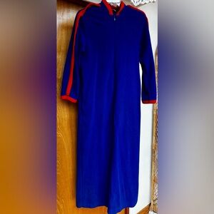Royal Blue Long Zip House Coat robe with Red Trim Vintage